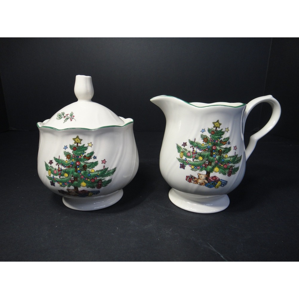 Nikko Japan Happy Holidays Sugar Bowl w/ Lid and Creamer Set VTG Christmas Tree
